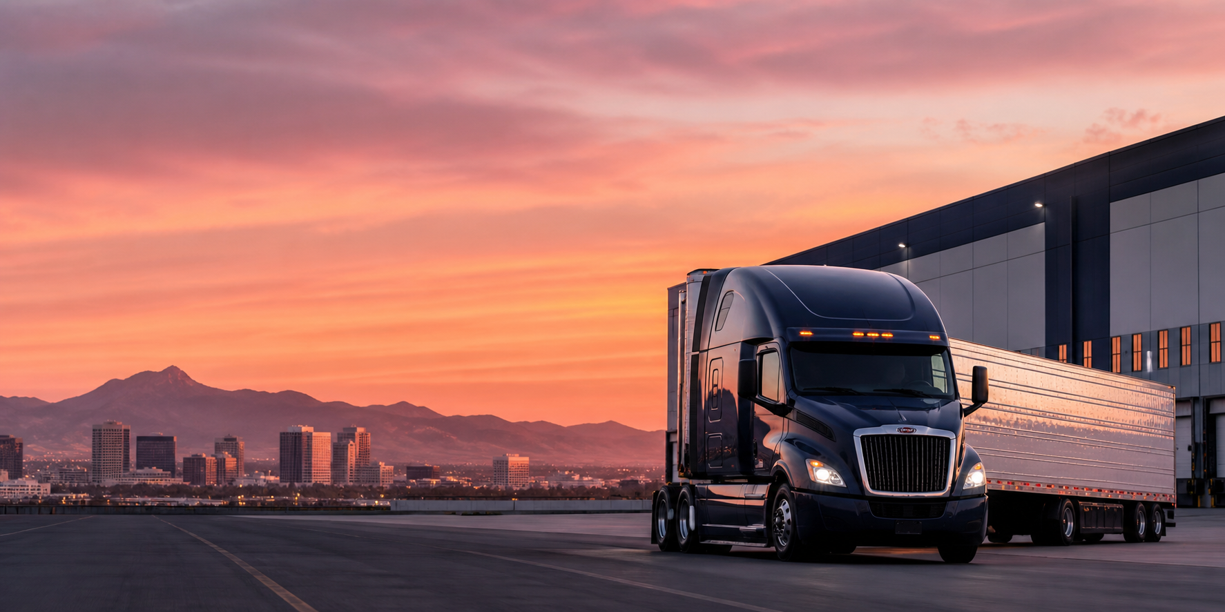 Semi truck near Phoenix at sunrise